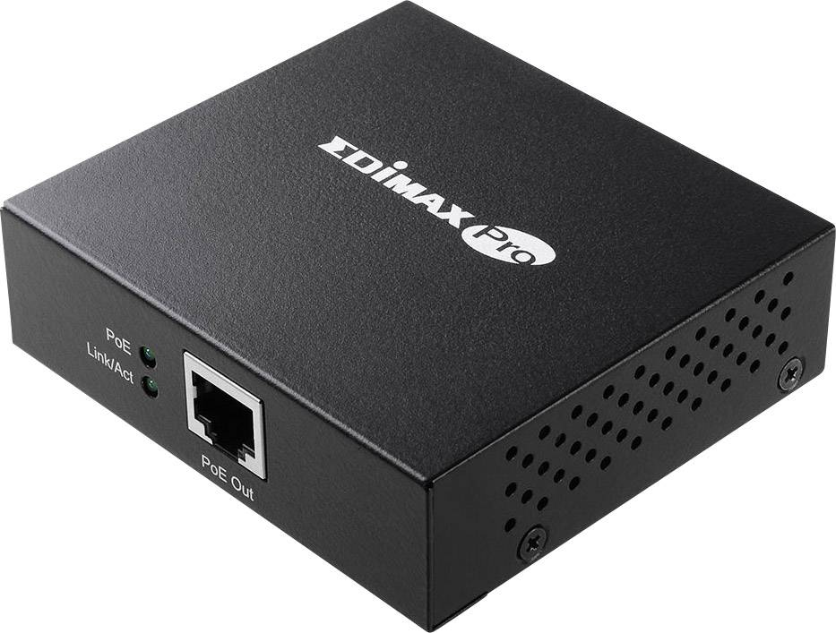 En svart PoE-adapter med texten 'Edimax Pro' på ovansidan. Den har LED-indikatorer och en Ethernet-port.