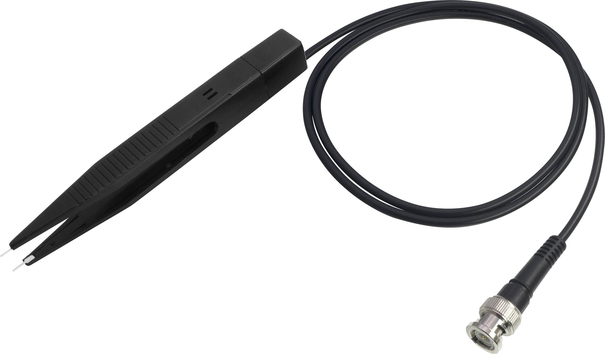 En svart elektronisk pincett med en ansluten kabel och kontakt, används för preciserad mätning inom elektronik.