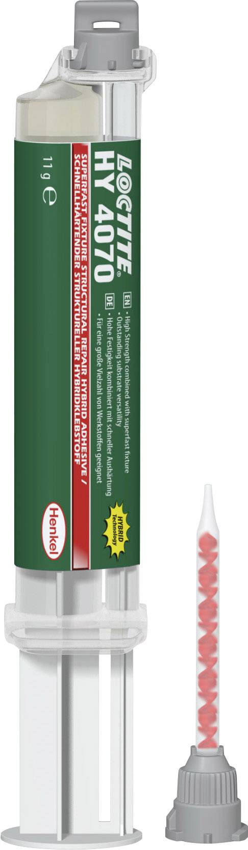 Tvåkomponents-lim 'Loctite HY 4070' i en spruta med röd blandningsspets, lämplig för snabba och starka limningar.