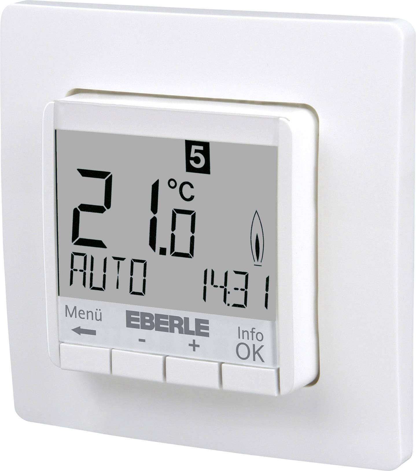 Elektroniskt termostat på väggen, visar 21°C, läge 'AUTO', och tiden 14:31. Knappar för meny, plus, info och OK.