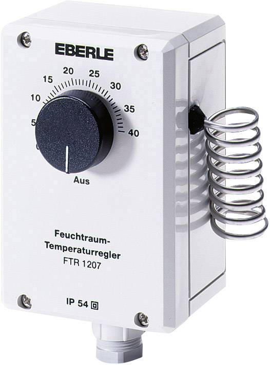En vit fuktrumstemperaturregulator från märket Eberle, modell FTR 1207, med en svart vred för temperaturinställning.