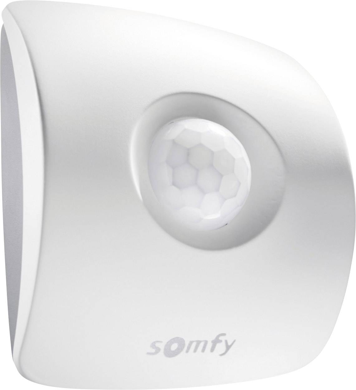 En vit rörelsedetektor med inskriften 'somfy', den har en rektangulär form med en välvd framsida och sexkantiga sensorer.