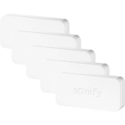 Fyra vita rektangulära sensorer med avrundade hörn, staplade ovanpå varandra, med 'Somfy' präglat på dem.