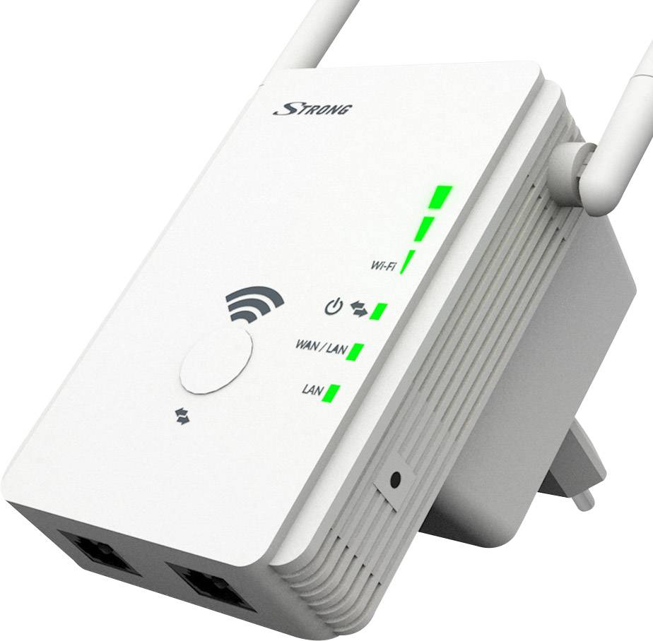 En vit WLAN-repeater med två antenner, flera LED-indikatorer för ström och signalstyrka, och kontakter för LAN-kablar.