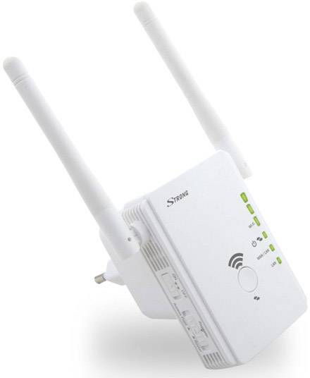En WLAN-repeater med två antenner, vägguttag och LED-indikatorer för signalstyrka, ansluter och förstärker WLAN-signalen.
