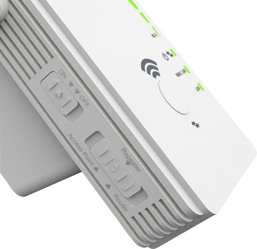 En WLAN-repeater med knappar för 'På' och 'Av', lägesval mellan 'Accesspunkt', 'Repeater' och 'Router' samt statusindikationer.