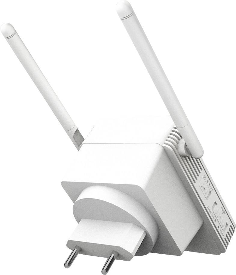WLAN-förstärkare med stickpropp och två antenner för signalförstärkning inomhus.