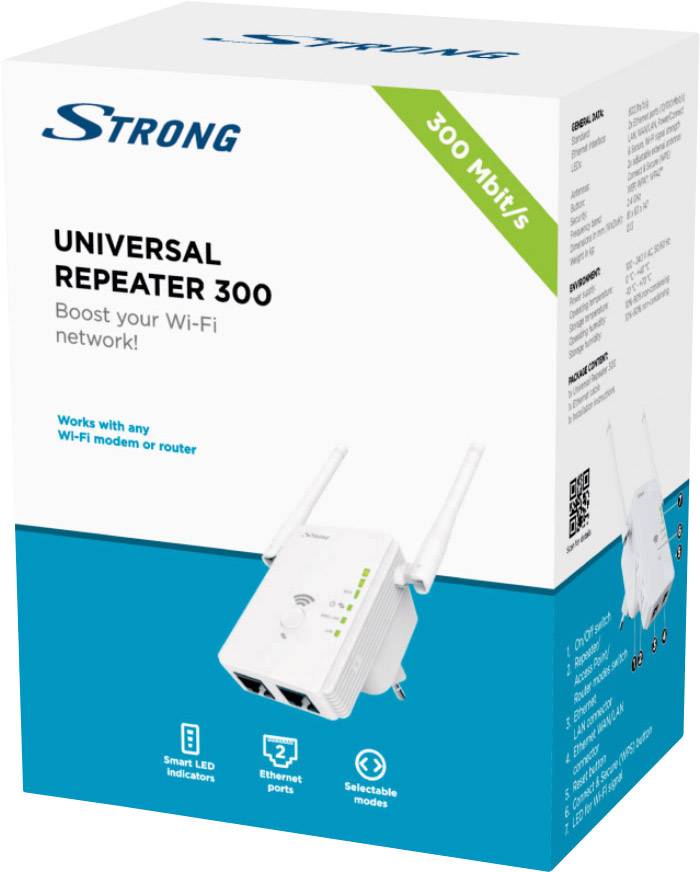 Förpackning för en Wi-Fi-repeater med texten 'Universal Repeater 300, 300 Mbit/s', bild av repeatern och dess nyckelfunktioner.