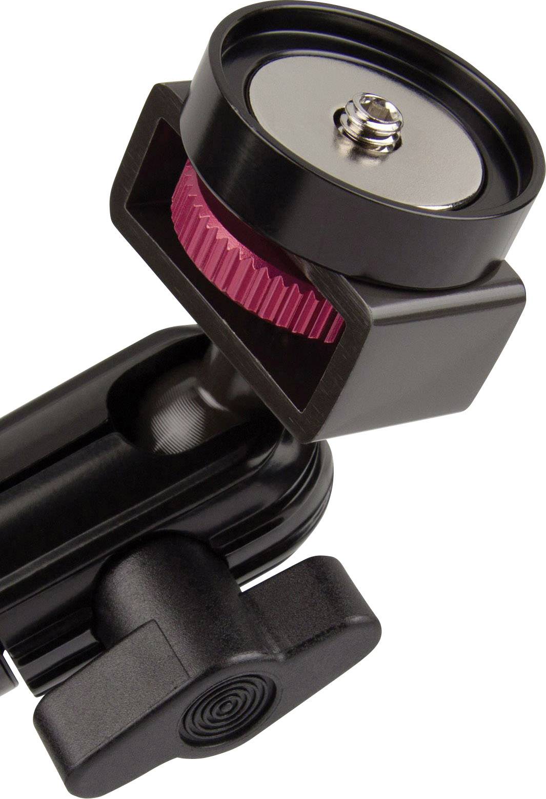 Svängbar apparathållare av svart metall med röd kugghjulsmekanism, lämplig för fästande av kameror på stativhuvuden.