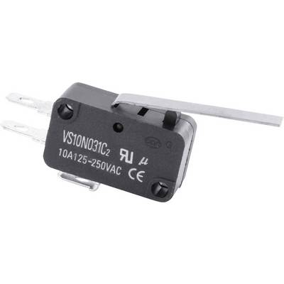 En mikrobrytare med spak, modell VS10N03IC2. Märkt med '10A 125-250VAC' samt diverse säkerhets- och kvalitetsmärken.