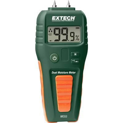 Ett grönt fuktighetsmätningsinstrument med orange handtag visar ett värde på 99,9 % på den digitala displayen.