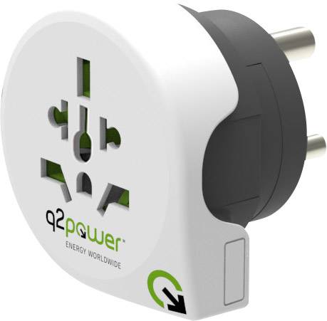 'Universell reseadapter med två uttag och svart insats, lämplig för olika kontakttyper. Märkt med 'q2power'.'
