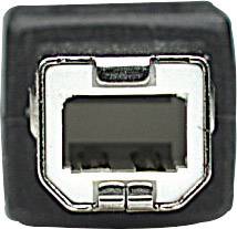 En kvadratisk USB-kontakt av typ B, vanligtvis använd för att ansluta enheter som skrivare till datorer.