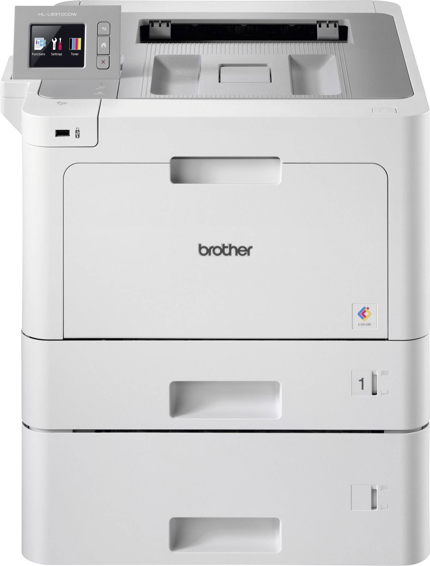 En vit skrivare med svart display och knappar på vänster sida. 'Brother'-logotyp på framsidan. Två pappersfack längst ned.