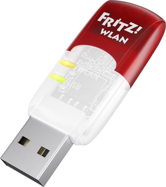 WLAN-USB-sticka i rött och vitt med texten 'FRITZ! WLAN', visar lysande indikatorer för anslutningsstatus.