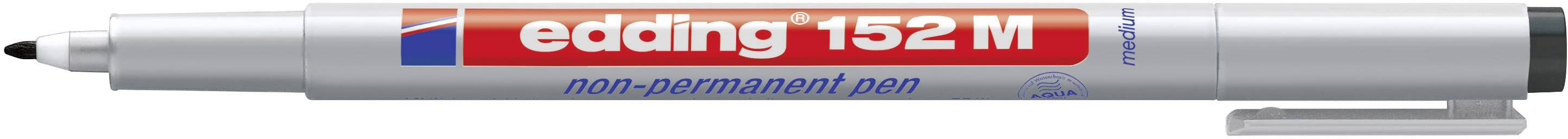 Grå whiteboardpenna med röd etikett 'edding 152 M non-permanent pen' i blå färg. Lock placerat i änden.
