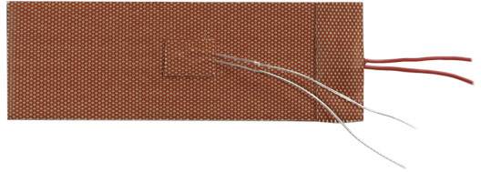 En rektangulär, rödbrun, strukturerad resistor med två röda och två vita trådar fästa på en sida.