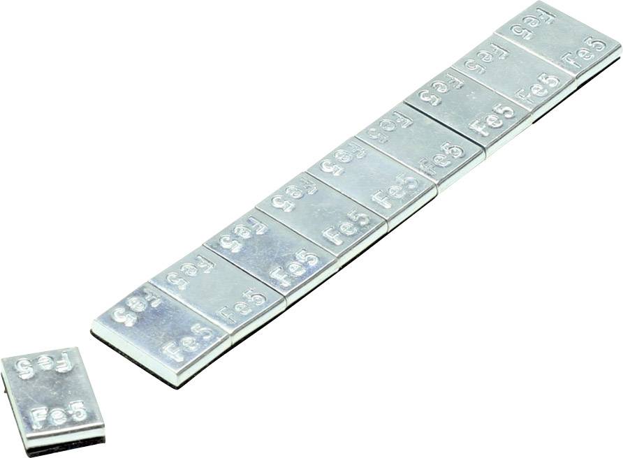 Metallvikter i rektangulär form ligger på rad; de är märkta som 'Fe 5'.