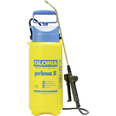 Gul tryckspruta med blått handtag och långt sprutmunstycke. Påskrift: 'GLORIA Originalet prima 5'.