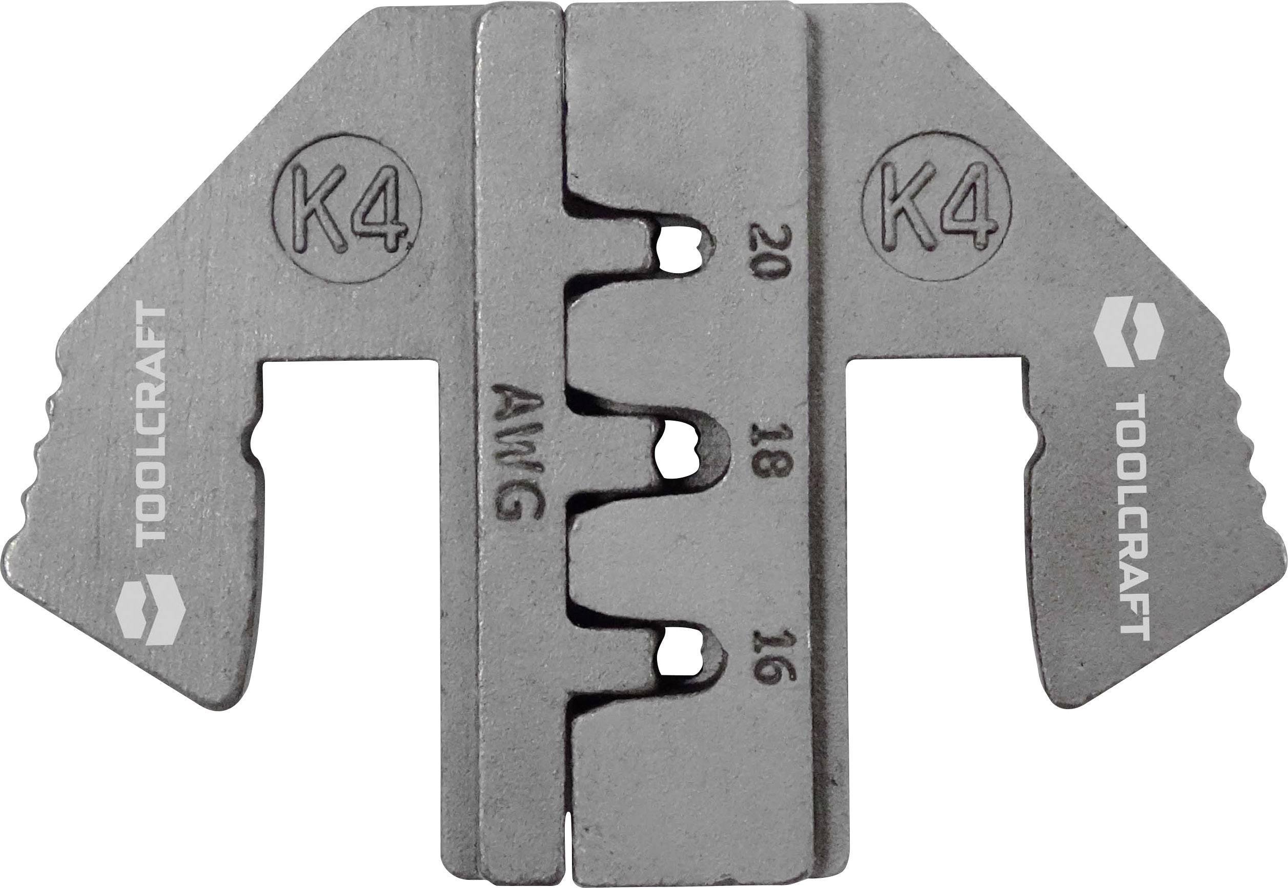 Ett silverfärgat kabelkrimptång med märkningarna 'K4', AWG 20, 18, 16 visar storlekarna för kabelkrimning.