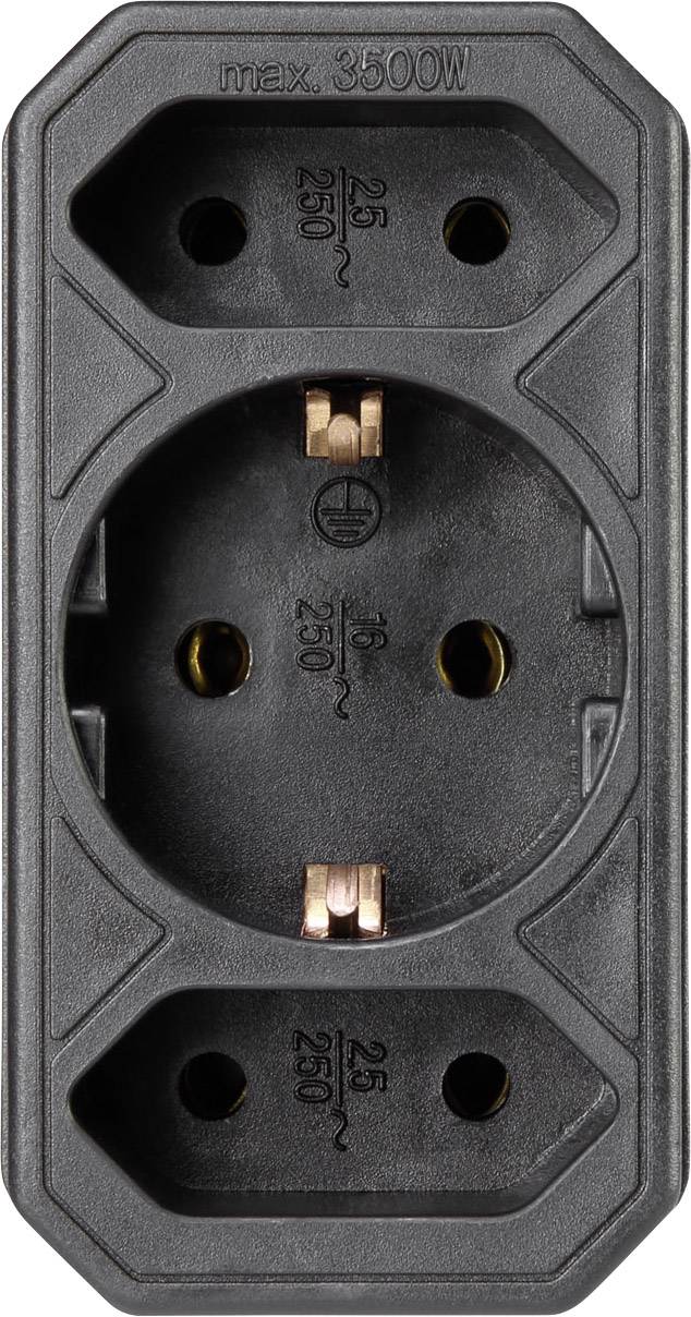 Svart adapterskarv med två uttag för 250V/16A, max. 3500W. Lämpad för strömfördelning till elektriska apparater.