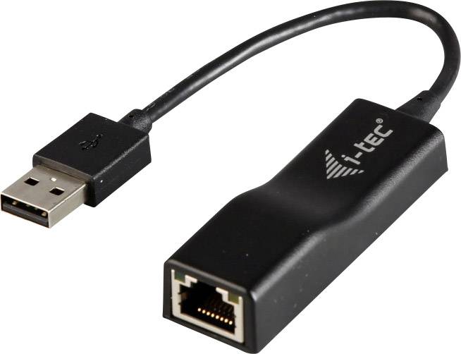 USB-till-Ethernet-adapter visar en svart adapter med USB-kontakt på ena sidan och Ethernet-uttag på den andra.