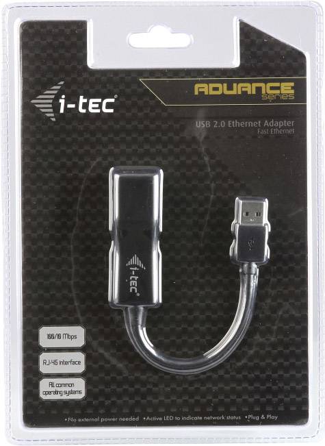 USB 2.0 Ethernet-adapter i förpackning, märke 'i-tec'. Stöder 10/100 Mbps, RJ-45-gränssnitt, kompatibel med alla vanliga operativsystem.