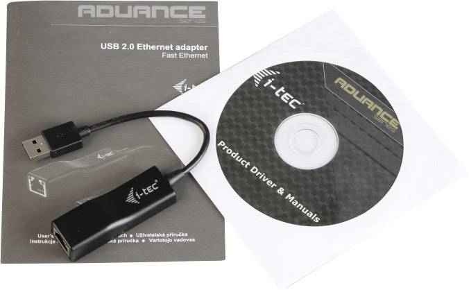 USB 2.0 Ethernet-adapter bredvid en drivrutins-CD och instruktionsblad med texten 'Product Driver & Manuals'.