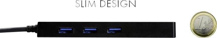 Smal USB-hubb med tre portar, bredvid en 1-euromynt för storleksjämförelse.
