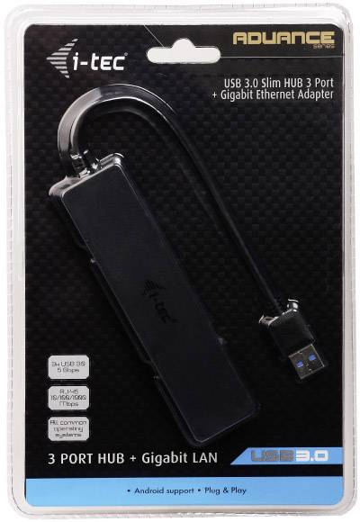 USB 3.0 Slim Hub med tre portar och Gigabit Ethernet-adapter i förpackning. Stöder Android. Märke: i-tec.