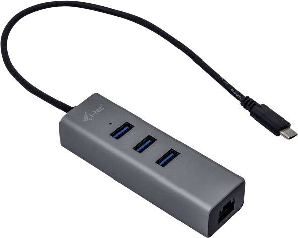 Grå USB-C-hubb med tre blå USB 3.0-portar och en Ethernet-port.