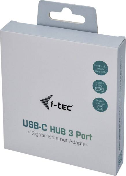 USB-C Hub med 3 portar och Gigabit Ethernet-adapter. Förpackning visar i-tec-logotyp. Kompatibel med Thunderbolt 3.