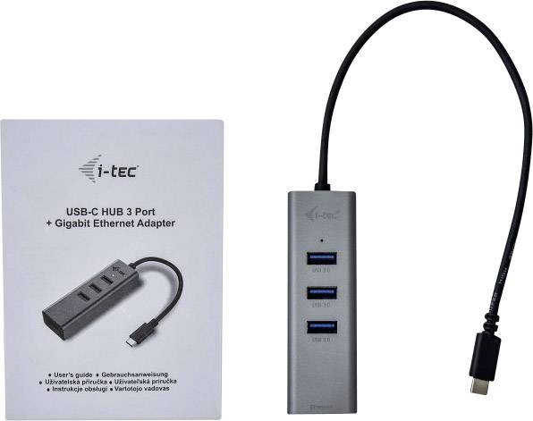 USB-C-hubb med tre USB 3.0-portar och en Gigabit Ethernet-anslutning. Förpackning med användarmanual synlig.
