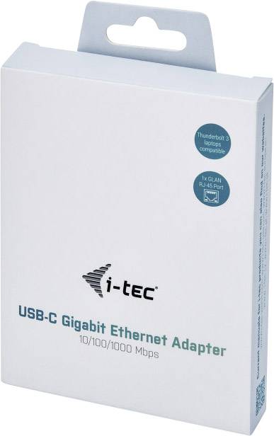 Förpackning för en i-tec USB-C Gigabit Ethernet-adapter med '10/100/1000 Mbps', Thunderbolt- och RJ-45-kompatibilitet.