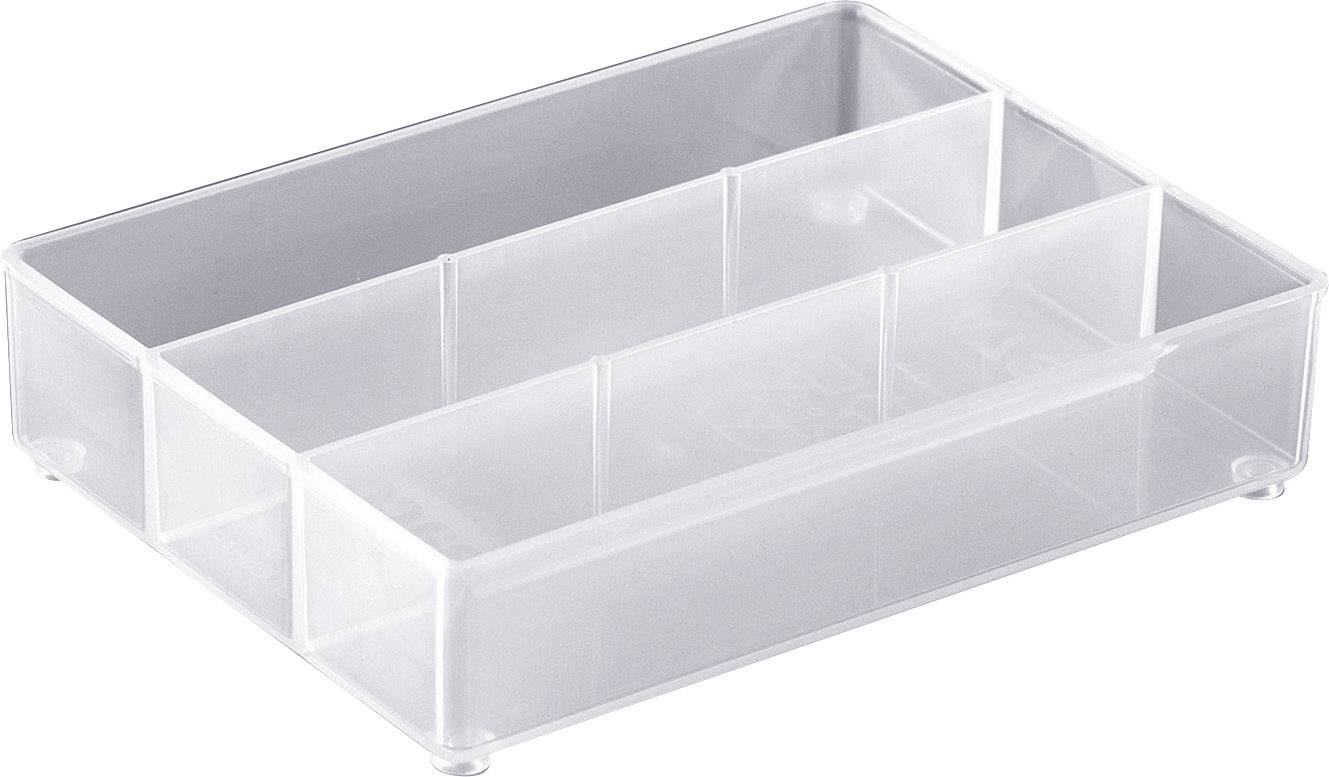 En transparent plastorganiserare med flera fack för förvaring av små föremål. Perfekt för skrivbordet eller köket.