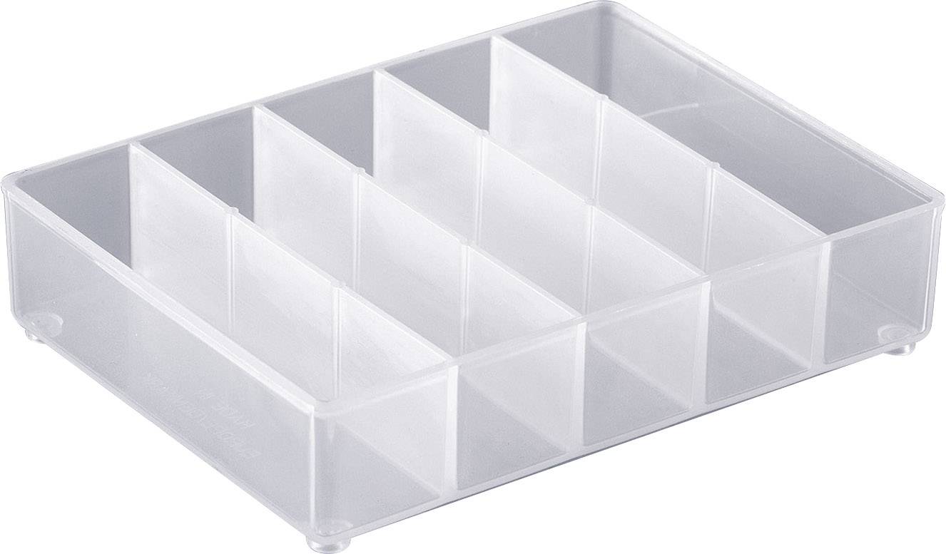 Genomskinlig plastbehållare med åtta fack för förvaring av små föremål, på vit bakgrund.