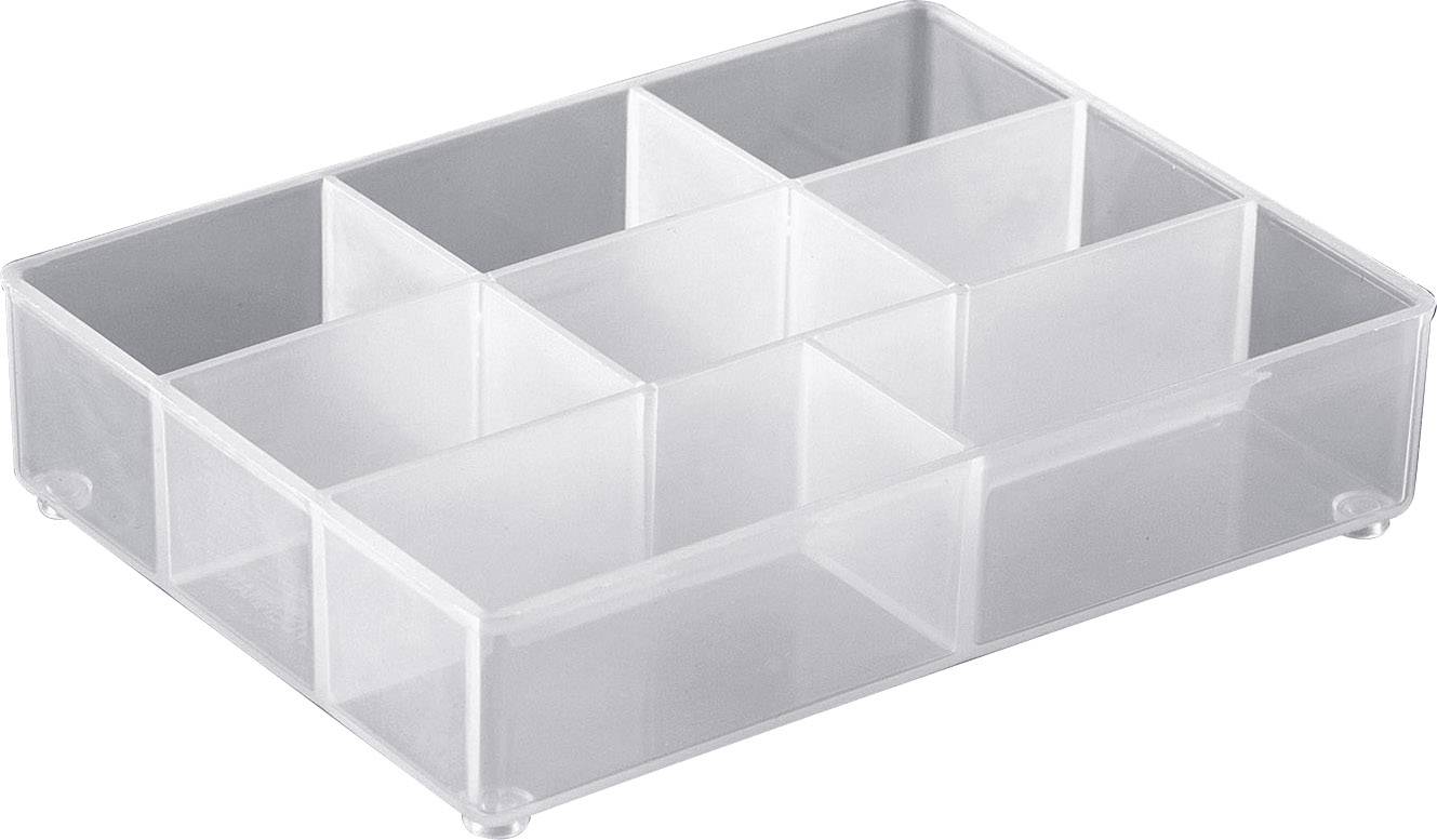 Transparent plastlåda med nio lika stora fack för förvaring av små föremål.