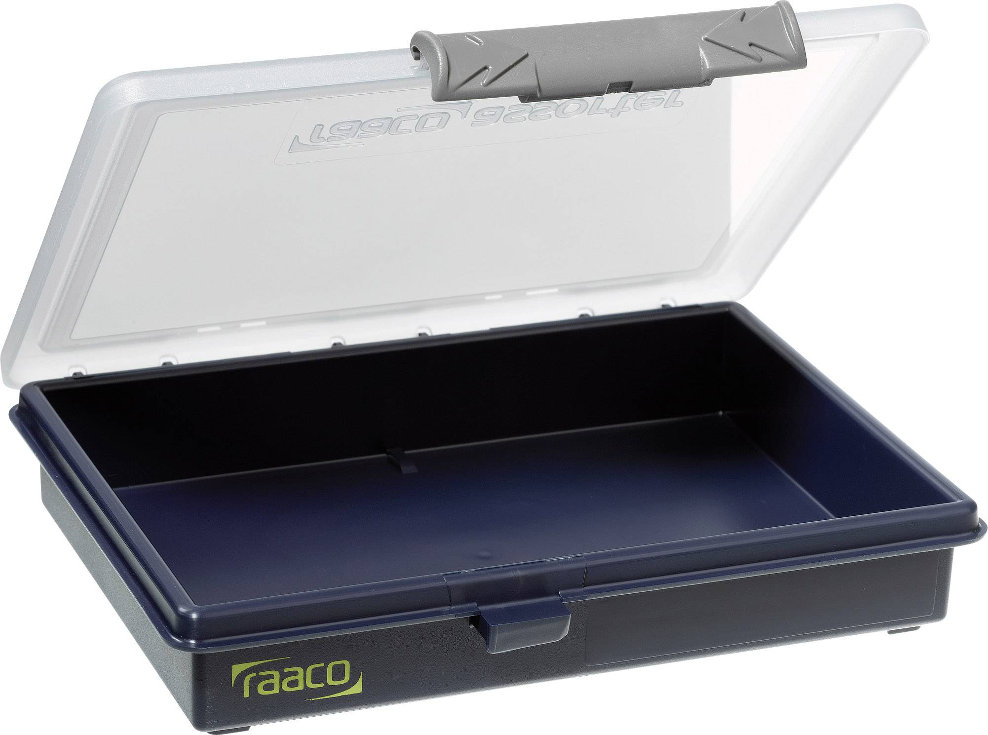 En öppen, tom förvaringsbox med transparent lock och mörkblå botten. Varumärket 'raaco' står framtill.