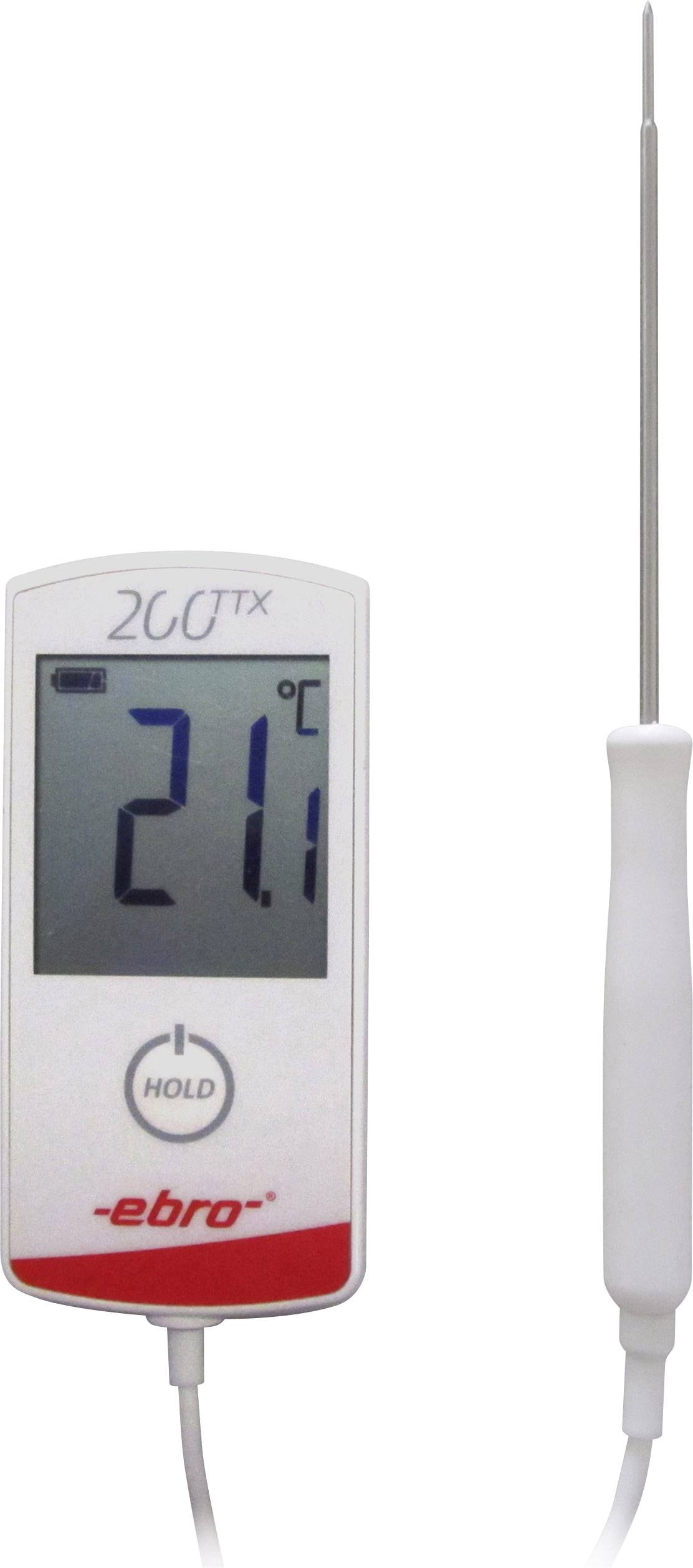 Digitalt termometer med en visning på 21 grader Celsius. Innehåller en givare på höger sida.