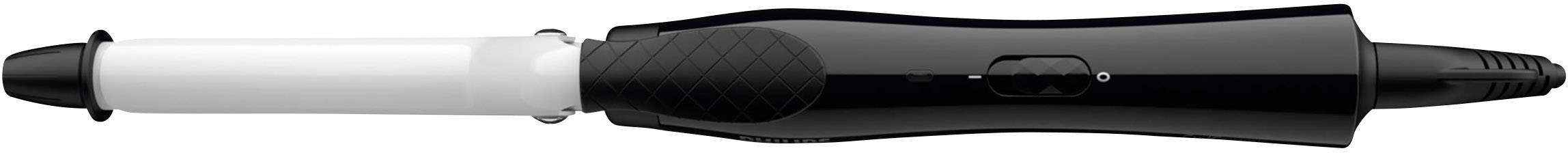 Locktång i svart och vitt, med ett handtag i böjd design. Lämplig för att styla hår och skapa lockar.