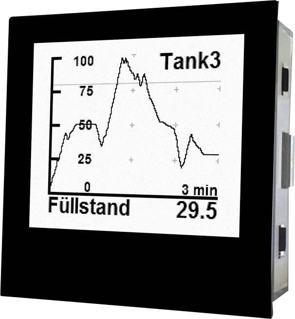 Diagram visar Tank 3 fyllnadsnivå över 3 minuter. Y-axel: Fyllnadsnivå 0-100. X-axel: Tid i minuter. Slutlig nivå 29.5 enheter.