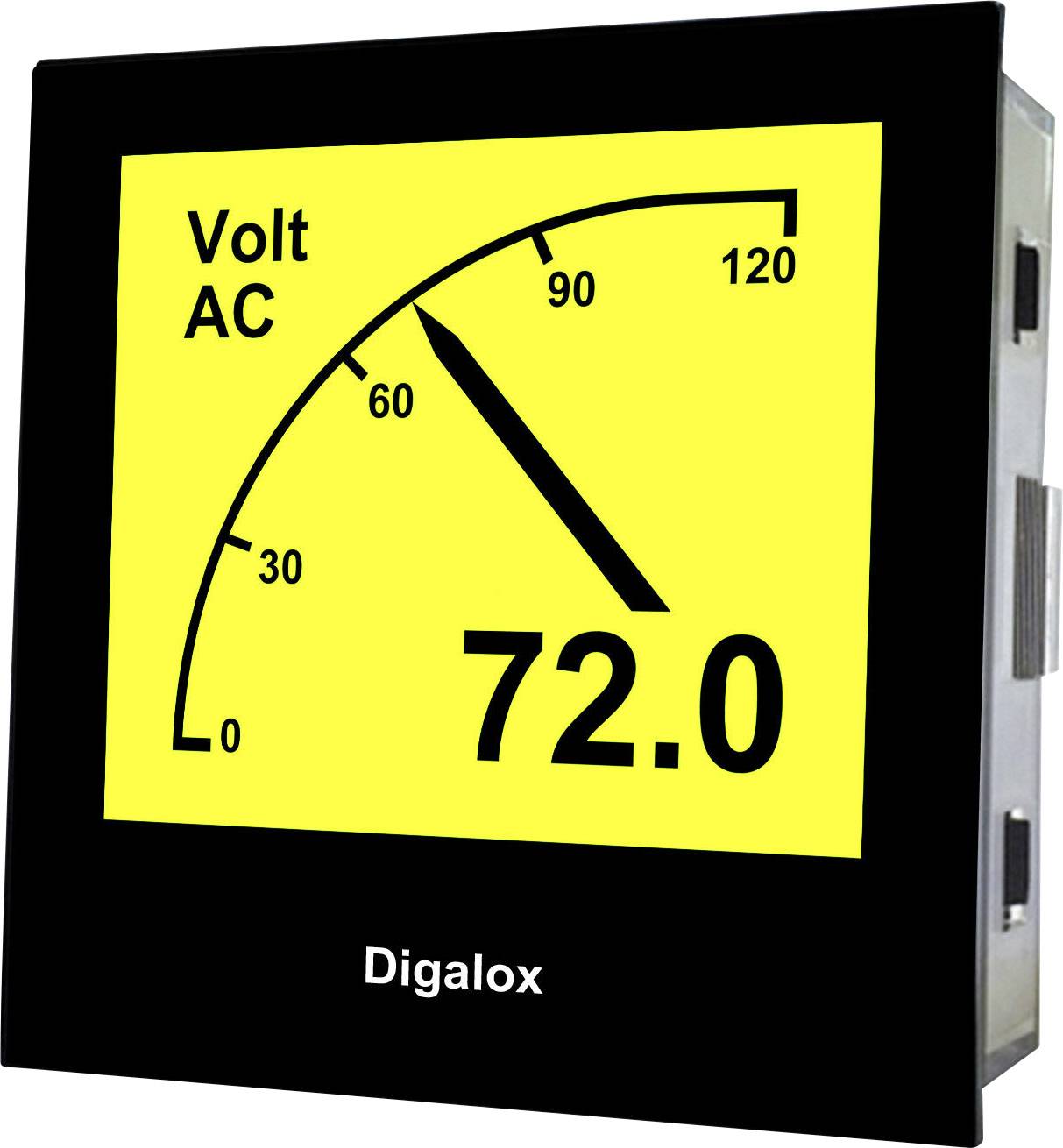 Digitalt voltmeter visar växelspänning. Skala upp till 120 volt, aktuellt värde: 72 volt. Tillverkare: Digalox.