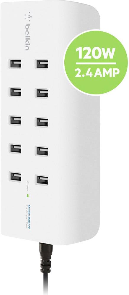 Flerports USB-laddare med åtta portar, 120W, 2,4 A. Vit enhet med svart kabel, grön etikett längst upp till höger.
