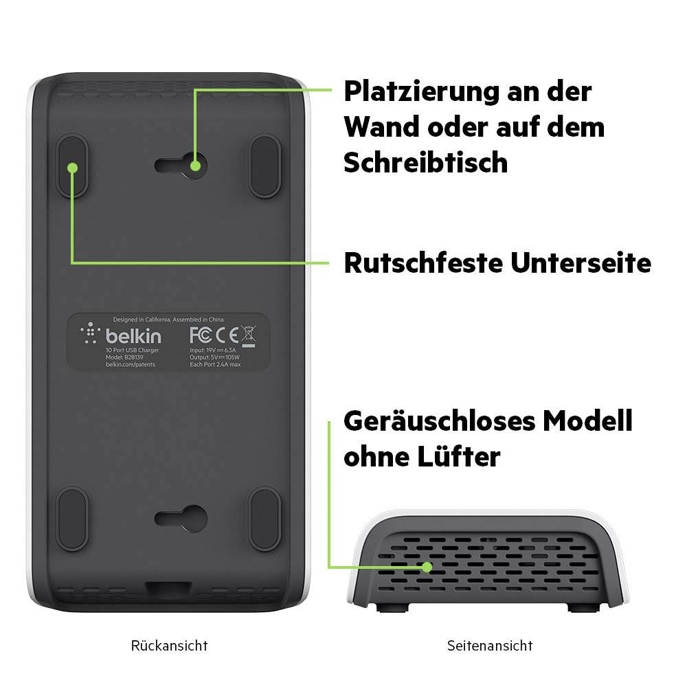 Baksidesvy av en Belkin-enhet med halkfri undersida och alternativ för vägg- eller skrivbordsmontage. Tyst, fläktlöst design.