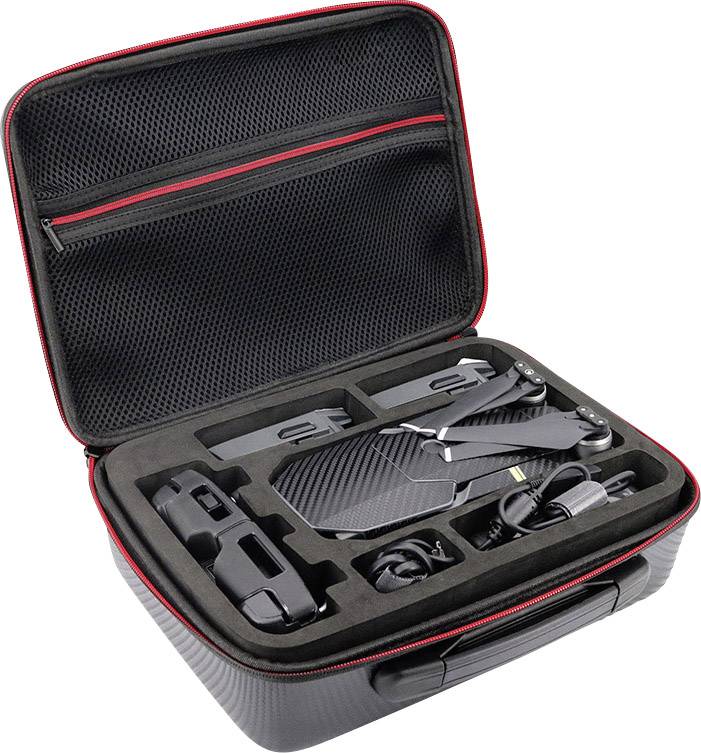 Hårdskalad väska med skuminsats som rymmer en kompakt drone och tillbehör som fjärrkontroll, laddare och propellrar.