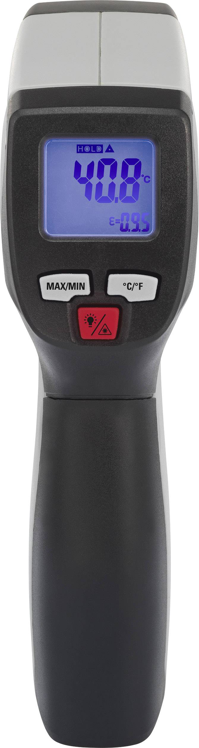 Digitalt infraröd termometer med belyst display som visar '40,8 °C'. Svart handtag med röda och grå kontrolltangenter.