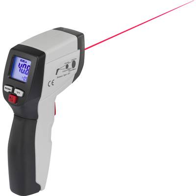 Ett infraröd-termometer med digital display och röd laserstråle visar temperaturmätningen.