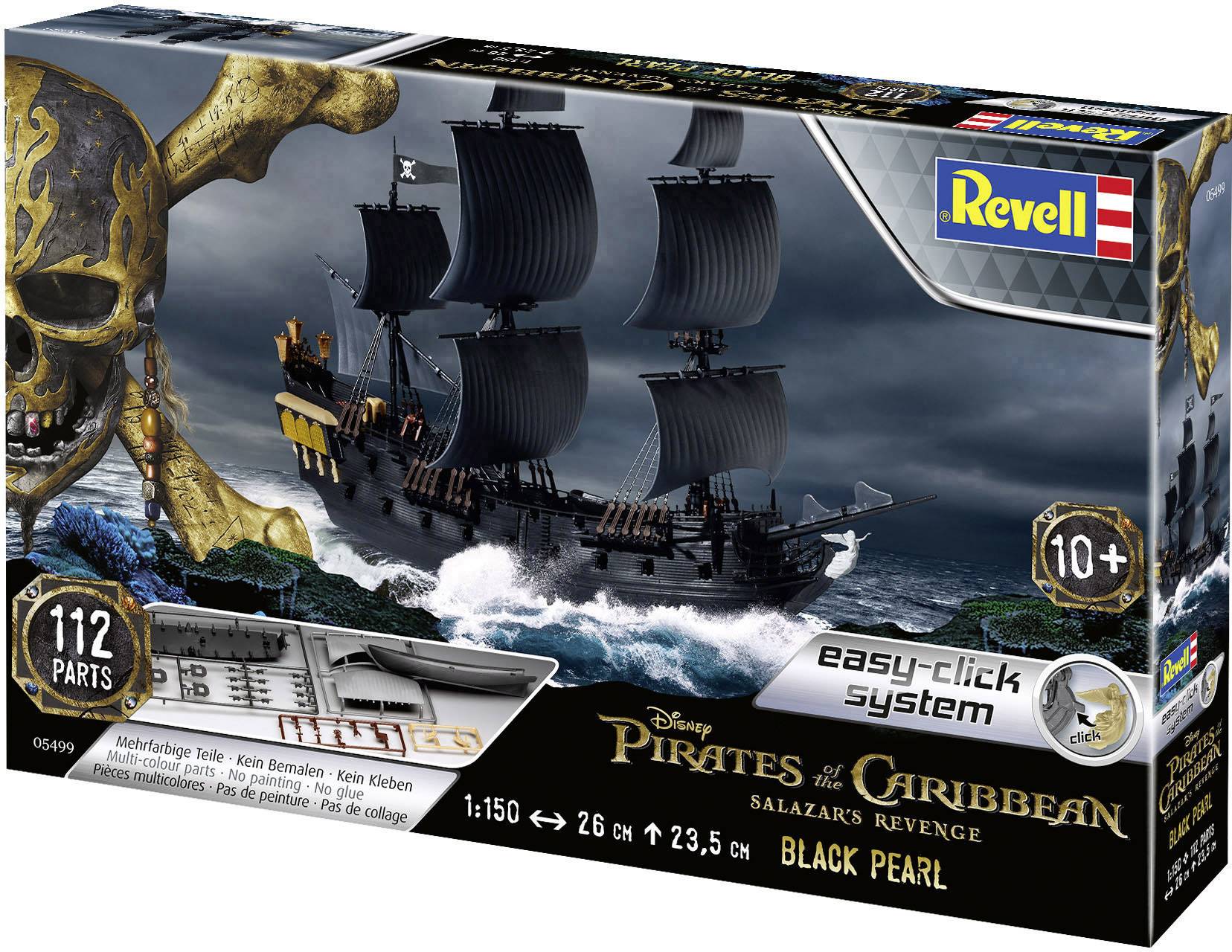 Modellbyggsats från Revell föreställande 'Black Pearl' från 'Pirates of the Caribbean'. Innehåller 112 delar, rekommenderad från 10 år, enkel att montera.