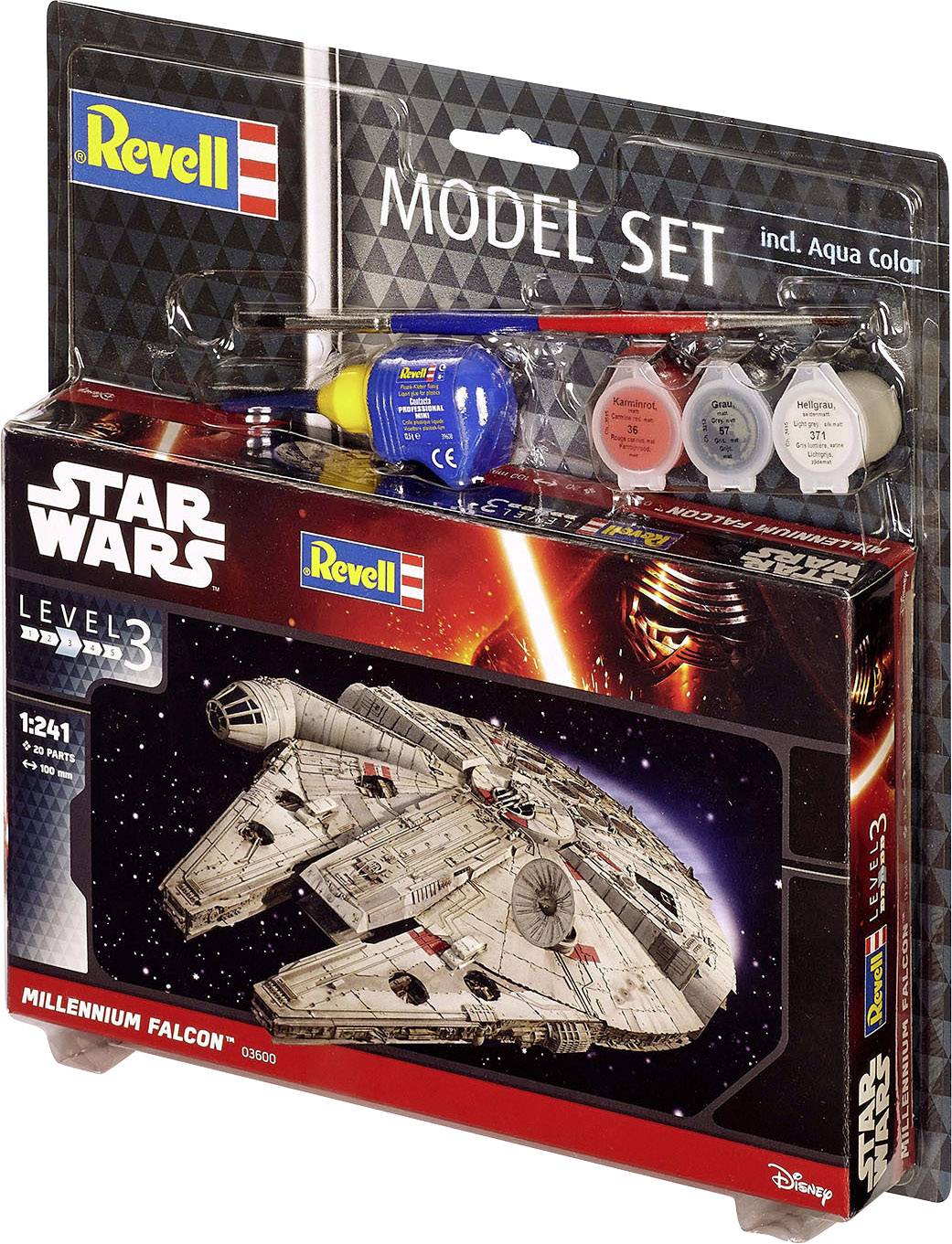 Byggsats från Revell för 'Star Wars Millennium Falcon', inklusive färger och penslar. Innehåller nivå 3-modell för avancerade modelbyggare.