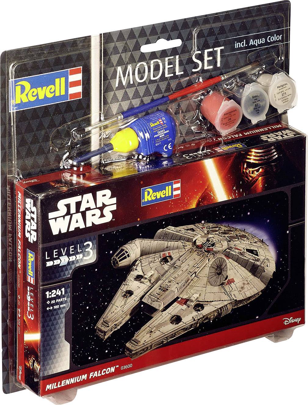 Modellbyggsats från Revell: 'Star Wars Millennium Falcon', skala 1:241, Nivå 3. Inkluderar färger och lim. Förpackningen visar rymdskepp.